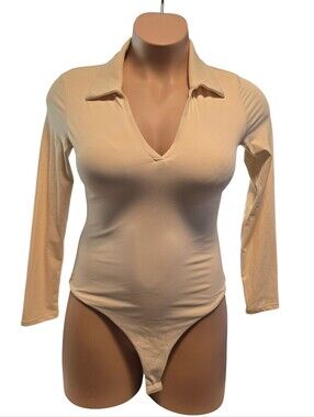 Klassy Network Nude Long Sleeve Collared Bodysuit XXL